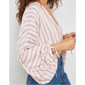 NWT Topshop Pink & White Vertical Stripe Balloon Sleeve Faux Wrap Crop Top Sz 4